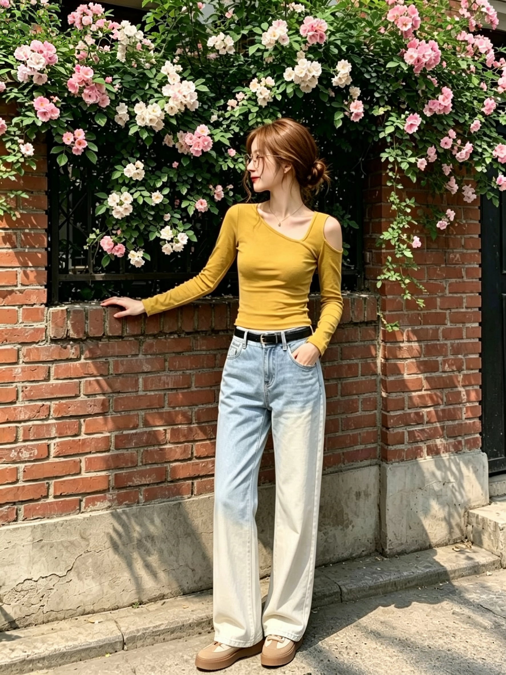 Women's Yellow Off-Shoulder Slim Long-Sleeve T-Shirt - Niche Design