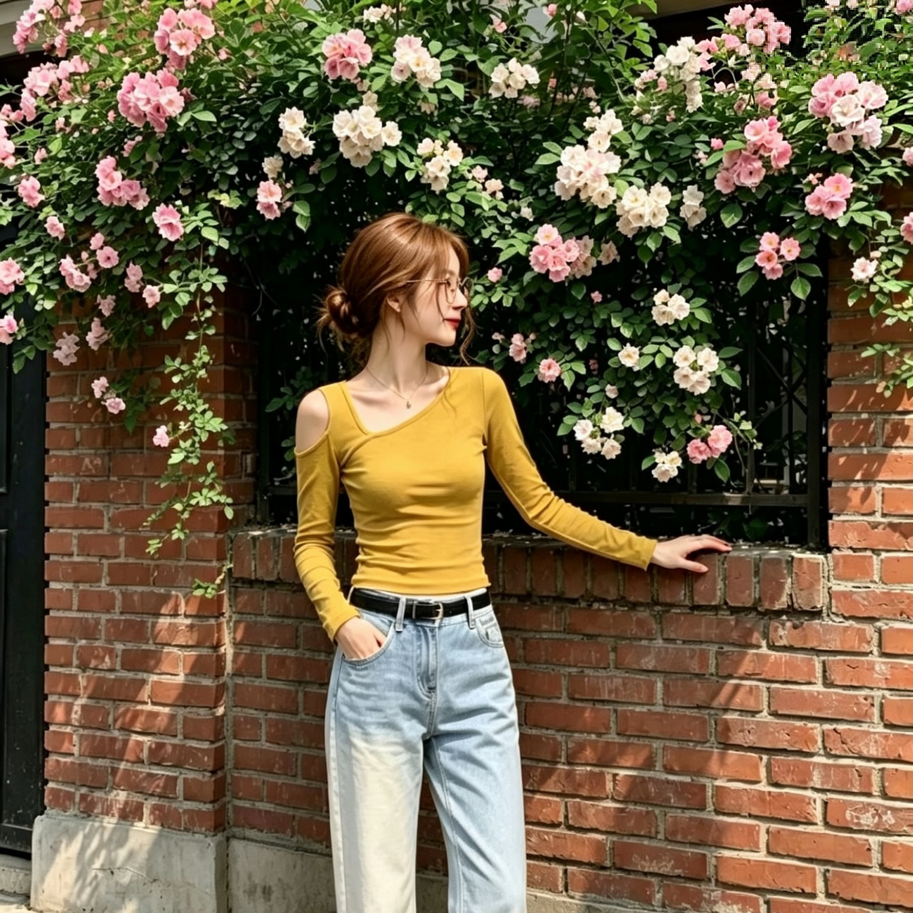 Women's Yellow Off-Shoulder Slim Long-Sleeve T-Shirt - Niche Design - Image 5