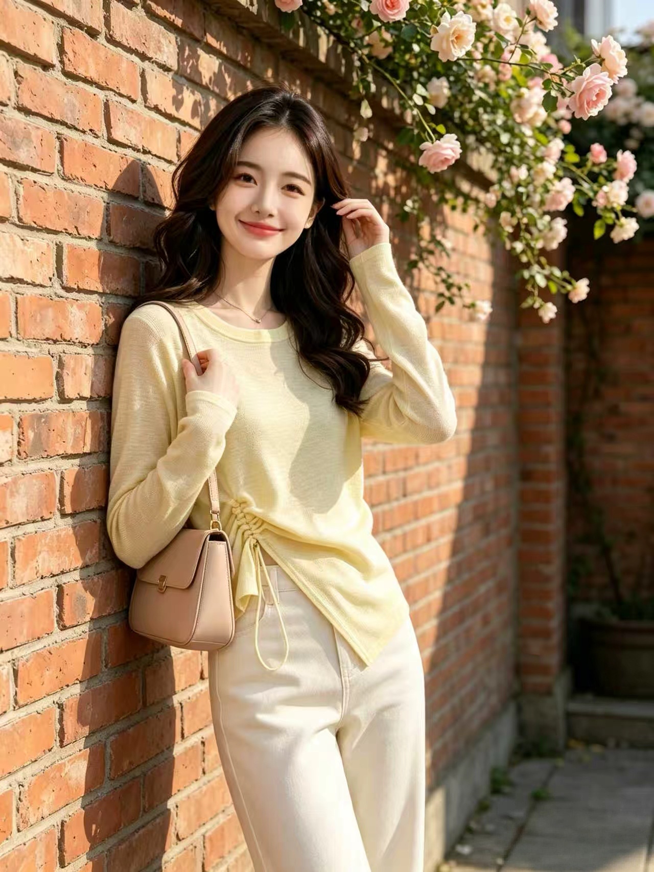 Women's Yellow Drawstring Long Sleeve T-Shirt 2026 Fall Casual Top