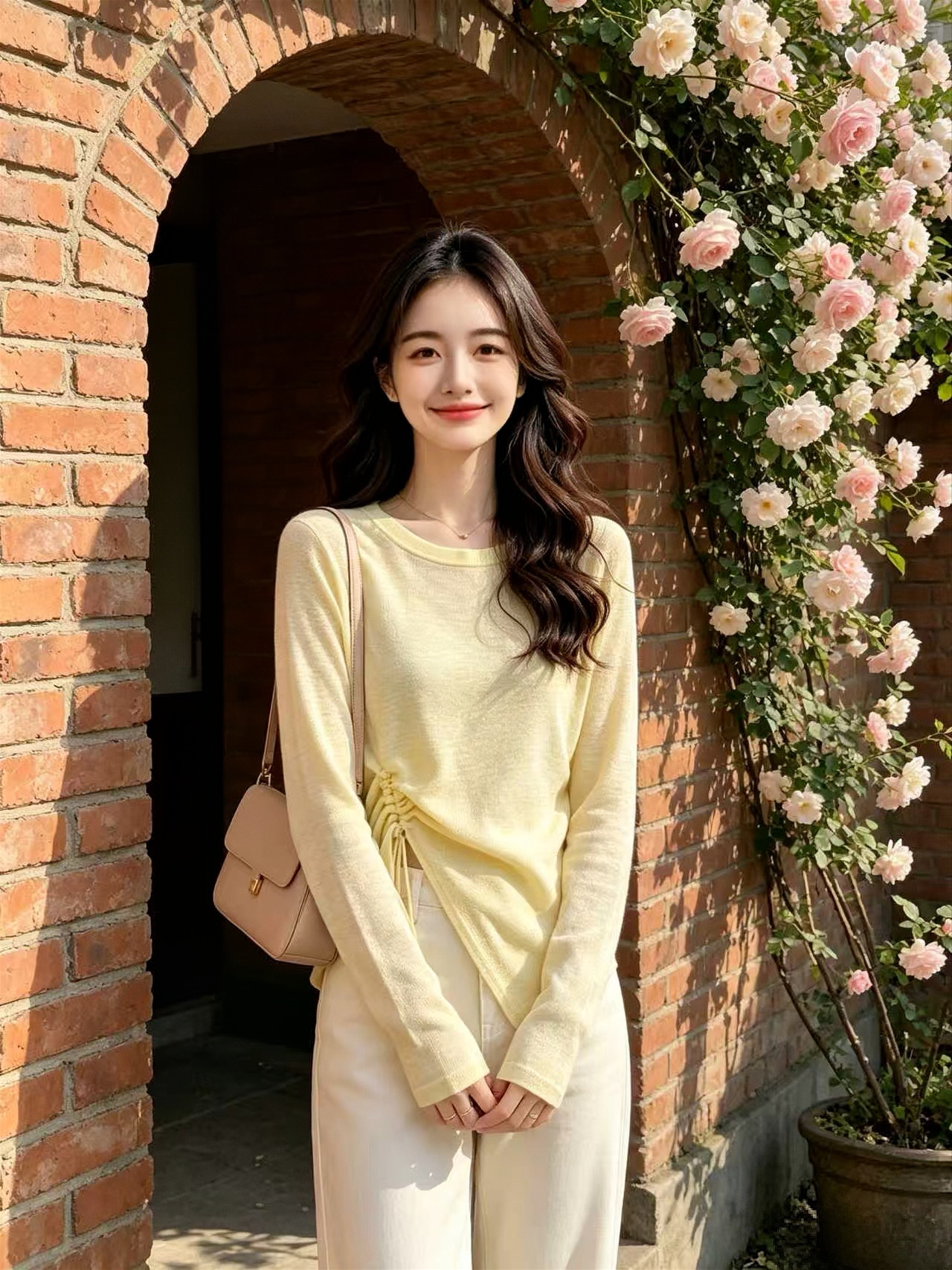 Women's Yellow Drawstring Long Sleeve T-Shirt 2026 Fall Casual Top - Image 3