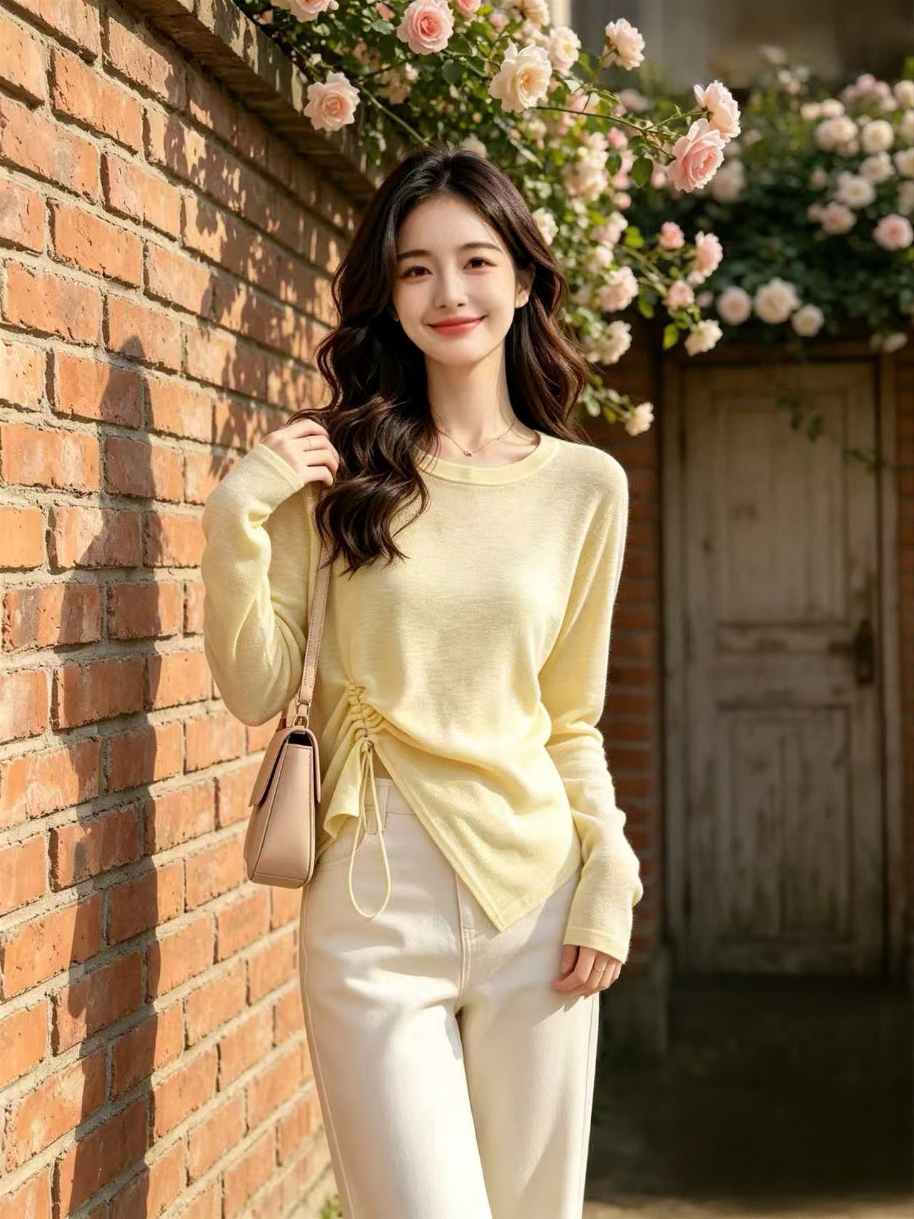 Women's Yellow Drawstring Long Sleeve T-Shirt 2026 Fall Casual Top - Image 2